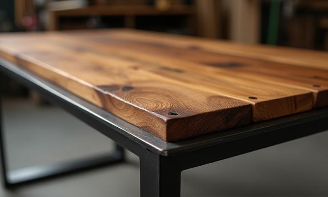 カスタムで製作されたインダストリアル調の木製テーブル
