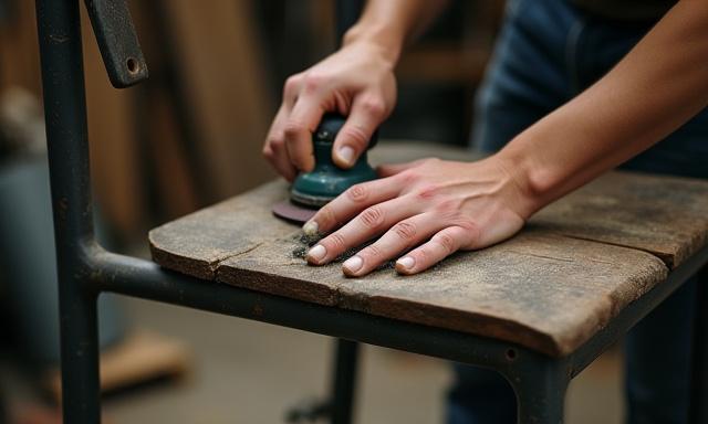 修復中のアンティーク風の鉄と木の椅子